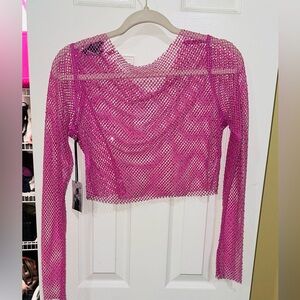 Pink fishnet rhinestone crop top M